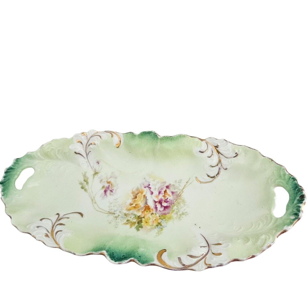 Hand Painted Porcelain Celery/Relish Dish Green Floral and handles